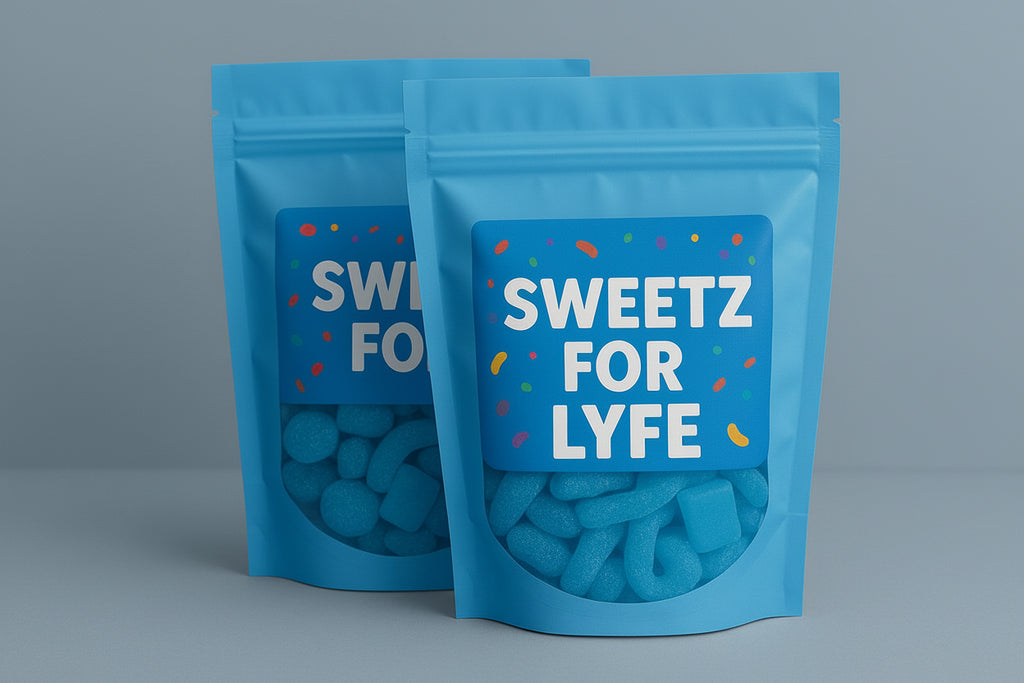Two blue packages of 'Sweetz for Lyfe' on a gray background